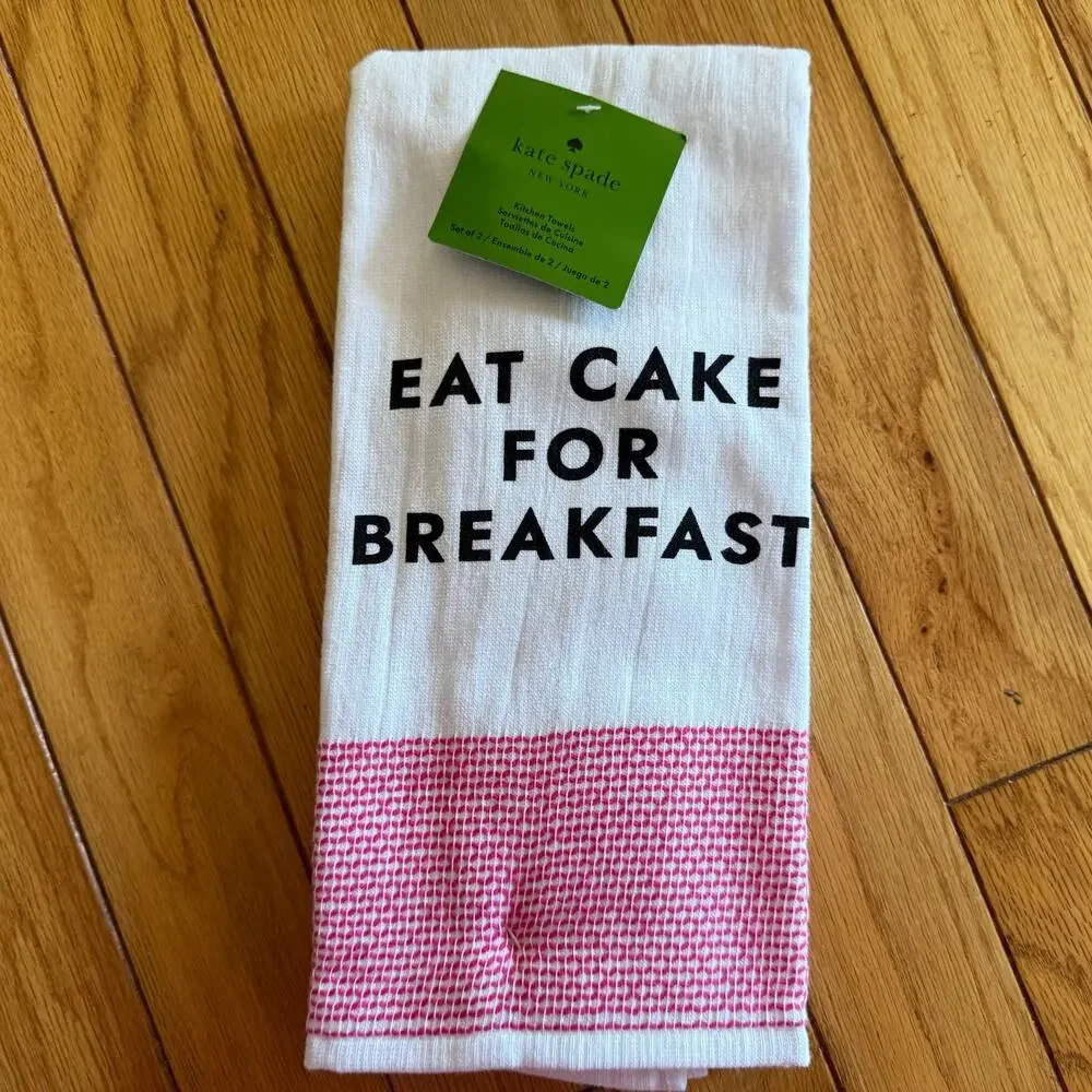 Kate Spade New York Eat Cake For Breakfast Kitchen Towels Set 2 White Pink NWT